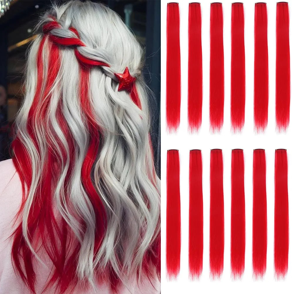 12 Pcs Red 22 Inch Straight Colored Clip-in Hair Extensions Highlight Party Wig for Kids Girls an... | Amazon (US)