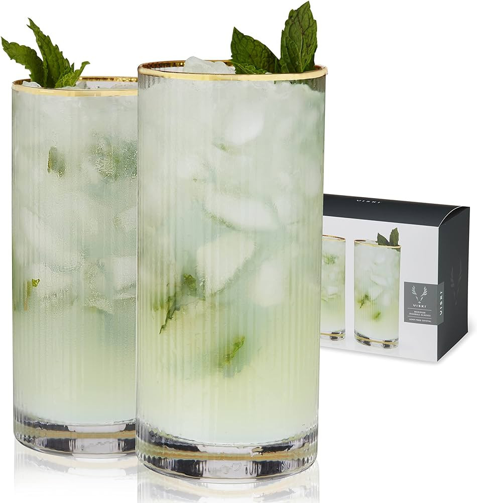TRUE Viski Meridian Highball Glasses Set of 2 - Vintage Drinking Glass, Art Deco Ripple Glassware... | Amazon (US)