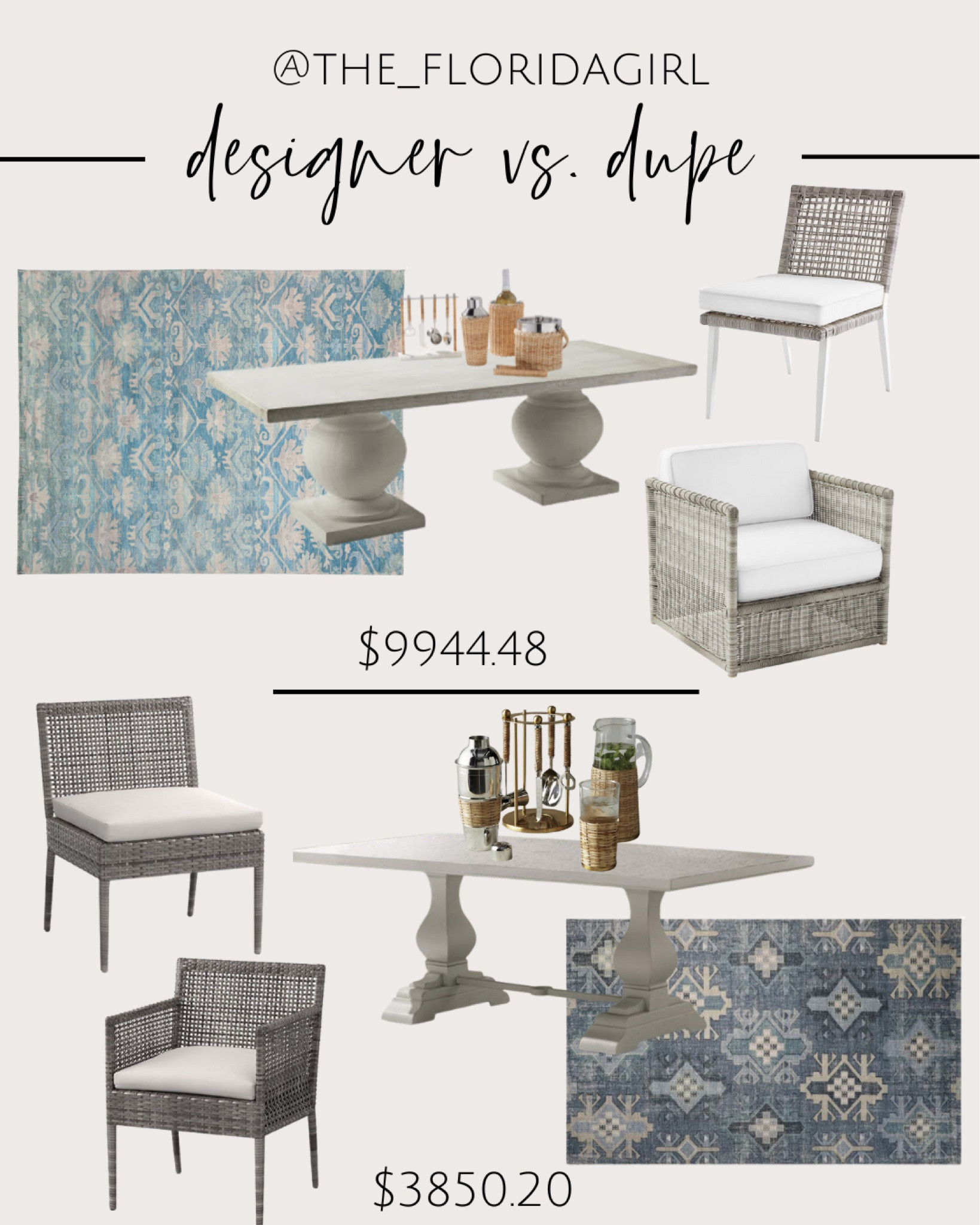 Outdoor Furniture Dupes for less #sale #dupe #serenaandlily #wayfair #potterybarn #splurge #save #outdoor #outdoorliving #outdoorfurniture #patio #patiofurniture #table #chairs #rug #rattan #dining #diningroom #outdoordining

#LTKFind #LTKhome #LTKsalealert