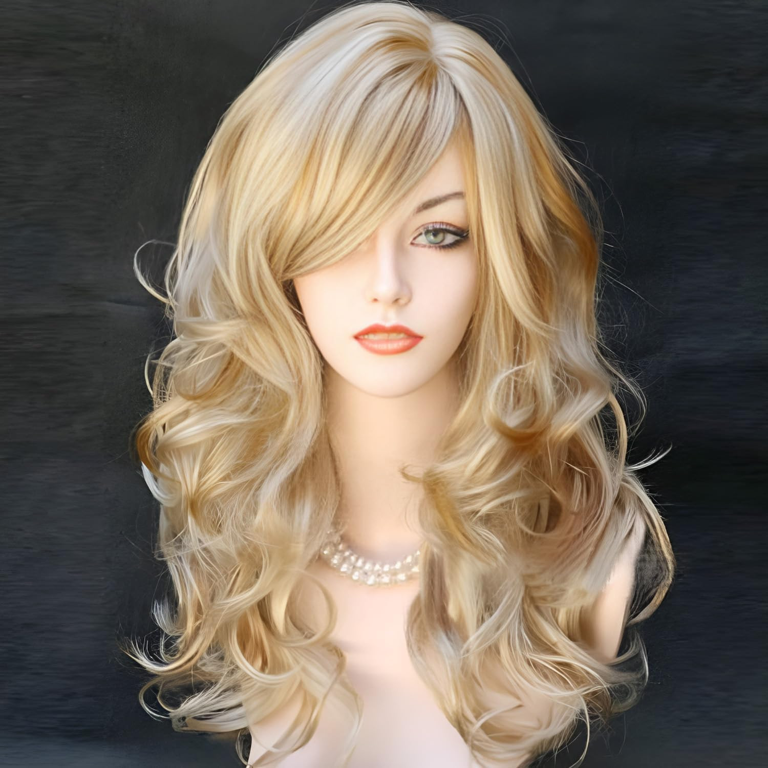 Blonde Layered Wigs with Curtain Bangs Long Wavy Highlights Natural Looking | Amazon (US)