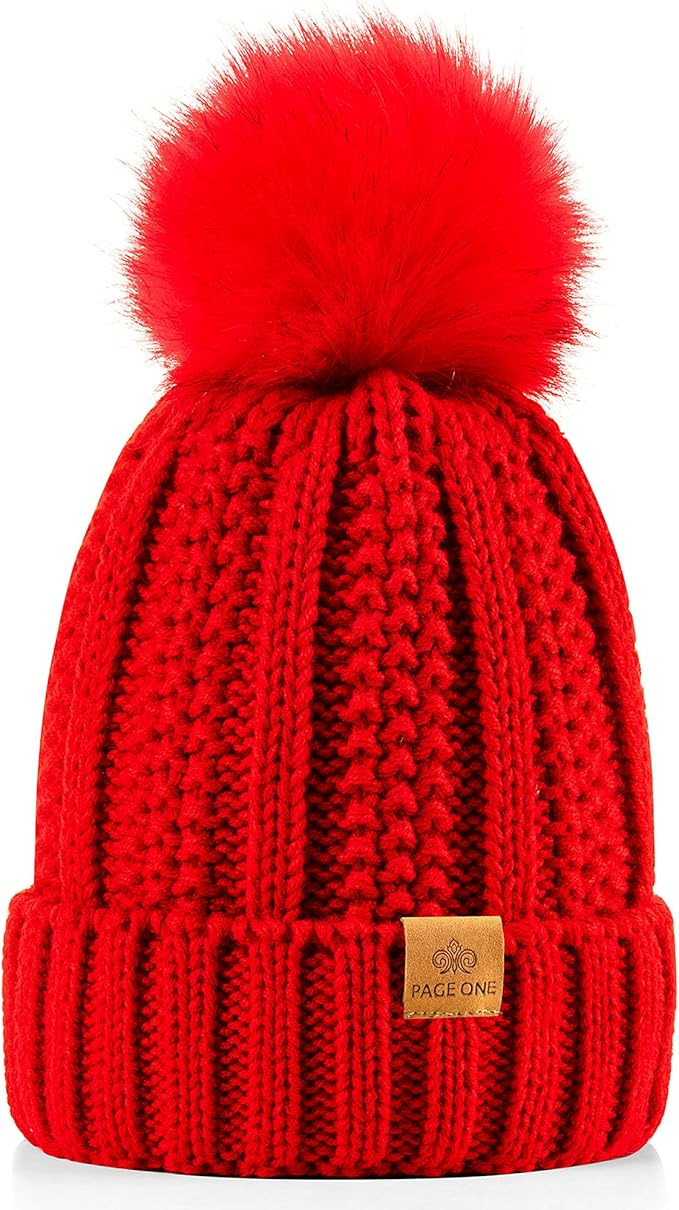 PAGE ONE Womens Winter Thick Cable Knit Beanie Faux Fur Pom Hat Fleece Lined Skull Cap | Amazon (US)