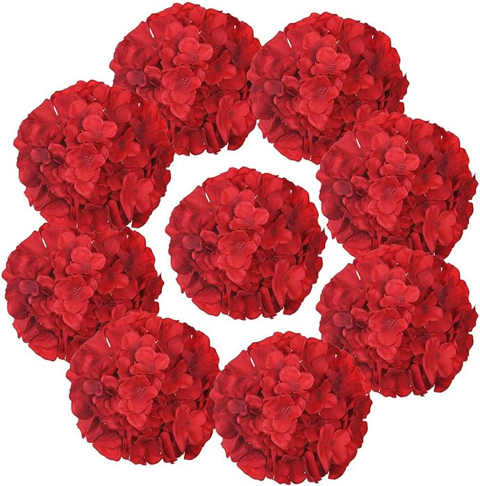 10PCS Silk Hydrangea Heads with Stems Artificial Flowers for Wedding Party Home Decor (Red) | Amazon (US)