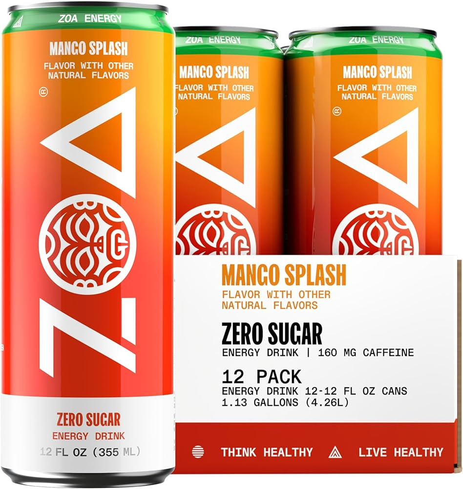 ZOA Zero Sugar Energy Drinks, Mango Splash - Sugar Free with Electrolytes, Healthy Vitamin C, Ami... | Amazon (US)