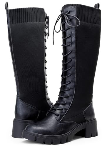 Vepose Women's Lace Up Platform Knee High Combat Black Boots Size 9.5, 953W | Amazon (US)