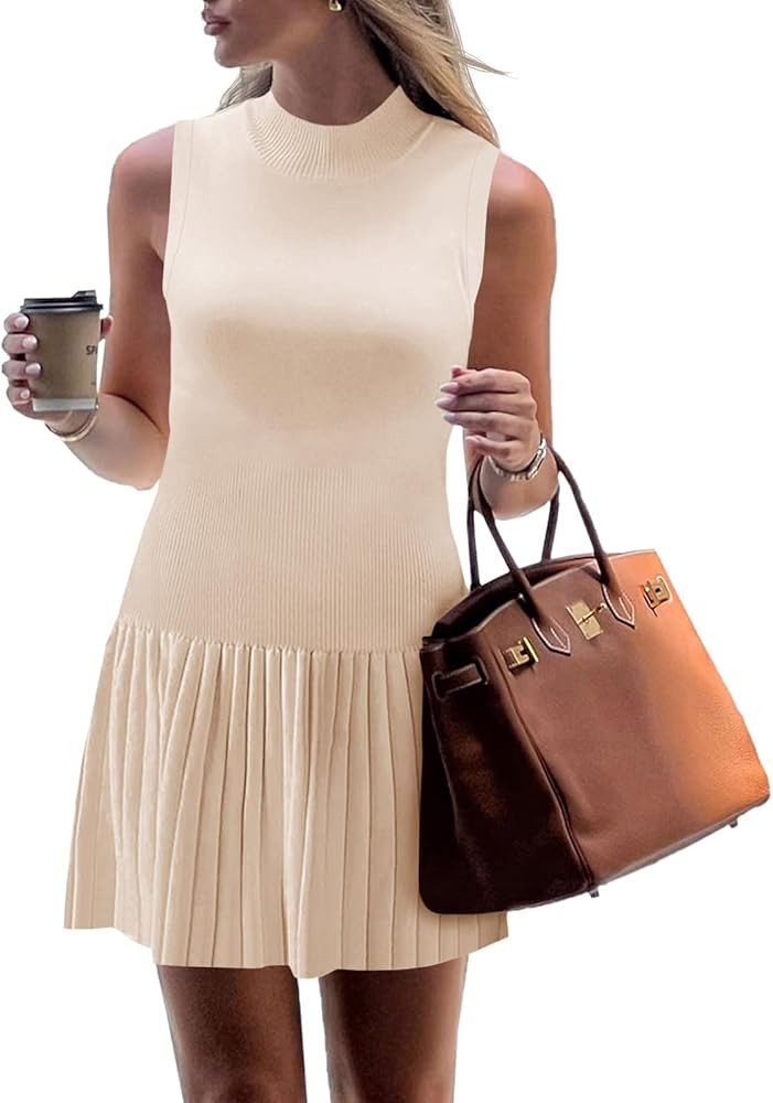 Wenrine Womens Sleeveless Summer Mini Dress Mock Neck Ribbed Knit Ruffle Pleated Casual Tank Dres... | Amazon (US)