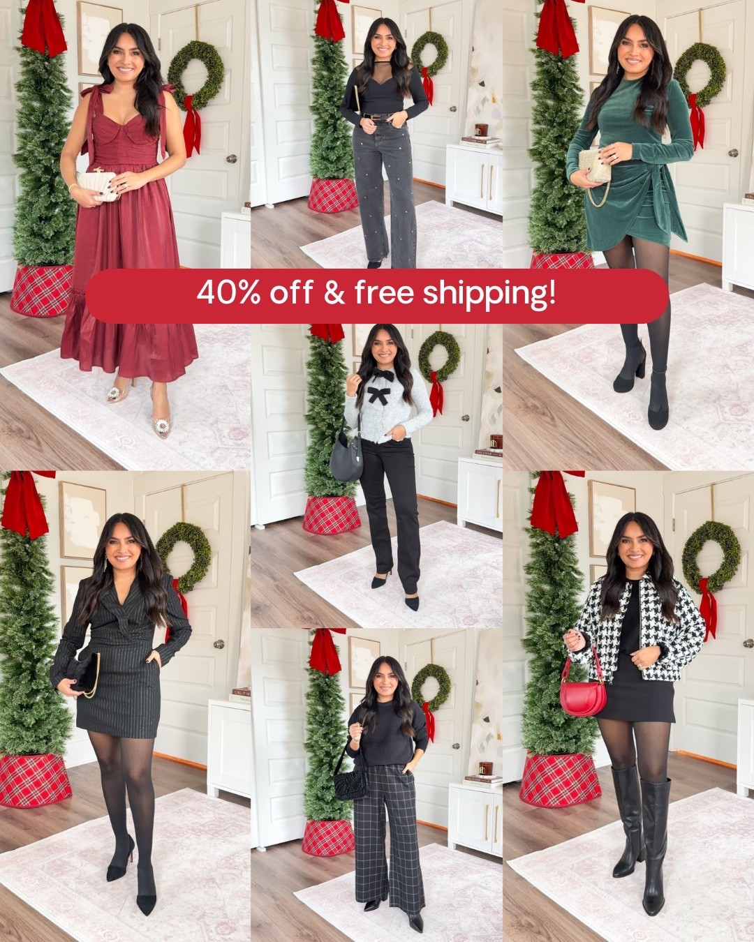 Holiday outfits for every occasion!
For reference: I’m 5’0, 32b bra size, and 2/26 in bottoms, pear shaped. 
*Everything I share is unaltered! TTS means true to size. Between size 5-6.6 in shoes

Wine red burgundy tie shoulder dress size small TTS - used my stitchy to take the straps in!
Rhinestone heels - similar linked

Pinestripe blazer dress size xs TTS
Black tights size small TTS
Black heels size 5 TTS


Houndstooth jacket size xs TTS
Black mini skort size 2 TTS
Black tights size small TTS
Black boots size 5.5 TTS

Bow cardigan size xs TTS
Black jeans size 0 petite - sized down one size
Black heels size 5 TTS

Emerald green wrap dress size xs TTS
Black tights size small TTS
Black heels size 5 TTS

Black sweater size xs TTS
Black plaid wide leg pants size xs short TTS
Black leather boots size 5.5 TTS


Black sheer neck bodysuit size xs TTS
Black silver studded straight jeans size 2 short TTS
Black belt size small TTS
Black heels size 5 TTS

holiday outfits
christmas outfits
petite holiday style
festive outfit ideas
nye outfit inspo
new years eve outfits
petite christmas outfits
holiday party outfits
winter wedding guest outfit
cozy christmas morning outfit
holiday work party outfit
petite 5’0 outfits
holiday dress ideas
winter festive fashion
christmas eve outfit
Black friday
Cyber monday
Rachelmirandablog
Honeysweetpetite


#LTKPetite #LTKCyberWeek #LTKSaleAlert