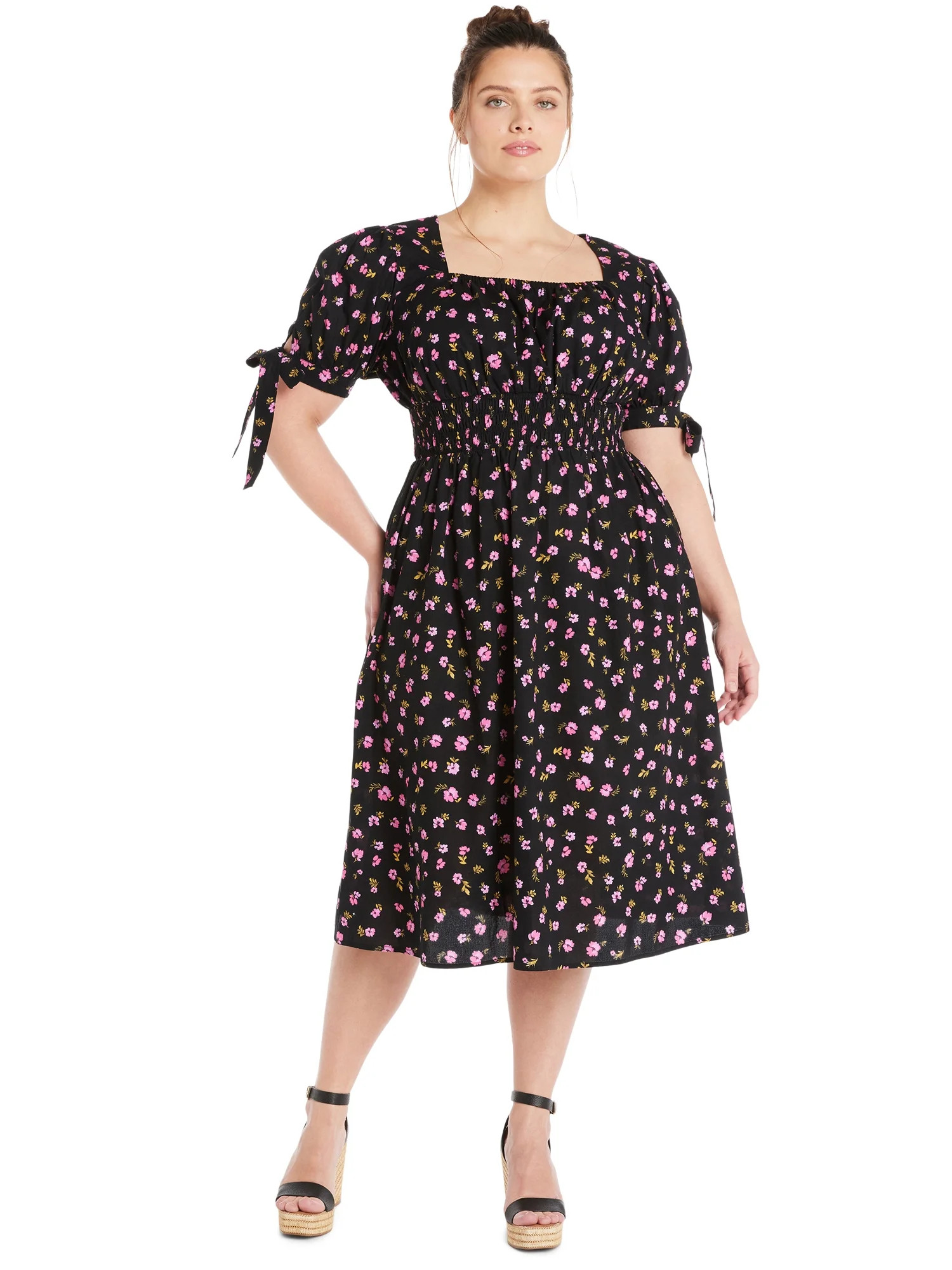 Terra & Sky Women's Plus Size Cotton Smocked Waist Dress with Short Sleeves, Sizes 0X-5X | Walmart (US)
