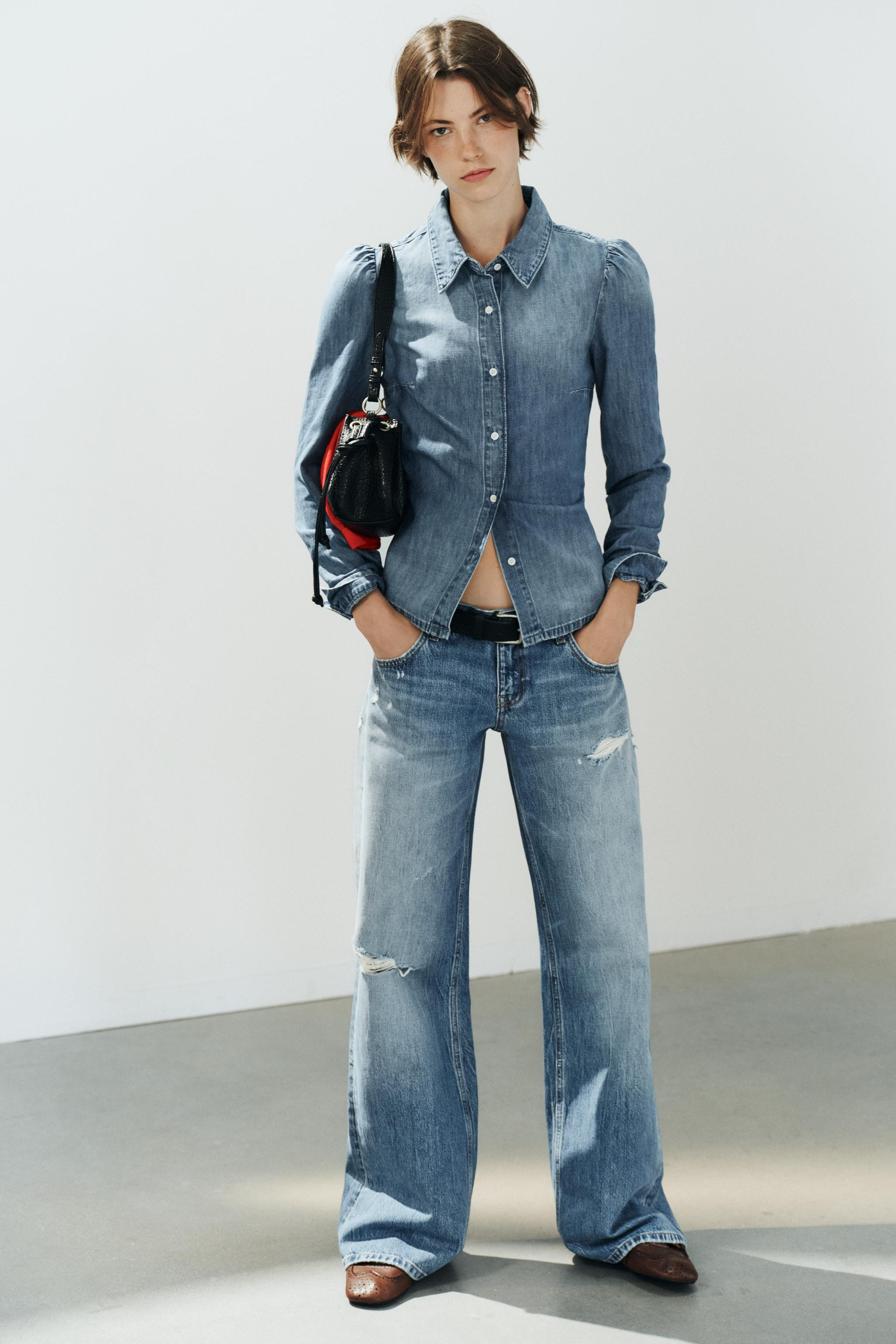 TRF GATHERED SHOULDER DENIM SHIRT | Zara US