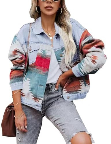 Lumister Aztec Denim Jacket Distressed Lapel Long Sleeve Vintage Button Down Denim Jacket Shacket(0007-LightBlue-M) | Amazon (US)
