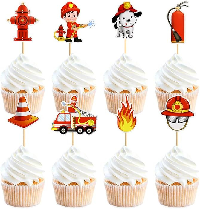 Fire Truck Cupcake Toppers,24 PCS Fire Truck Birthday Decorations,Fire Truck Cake Topper,Firefigh... | Amazon (US)