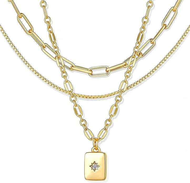 YEEZII Layered Gold Necklaces for Women Trendy, 3 Pcs 14K Gold Plated Choker Paperclip Box Chain ... | Amazon (US)