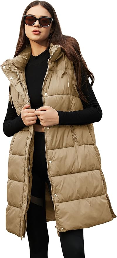 Wefebi Long Puffer Vest Women Sleeveless Hooded Puffy Jacket Full Zipper with Pockets Womens Wint... | Amazon (US)