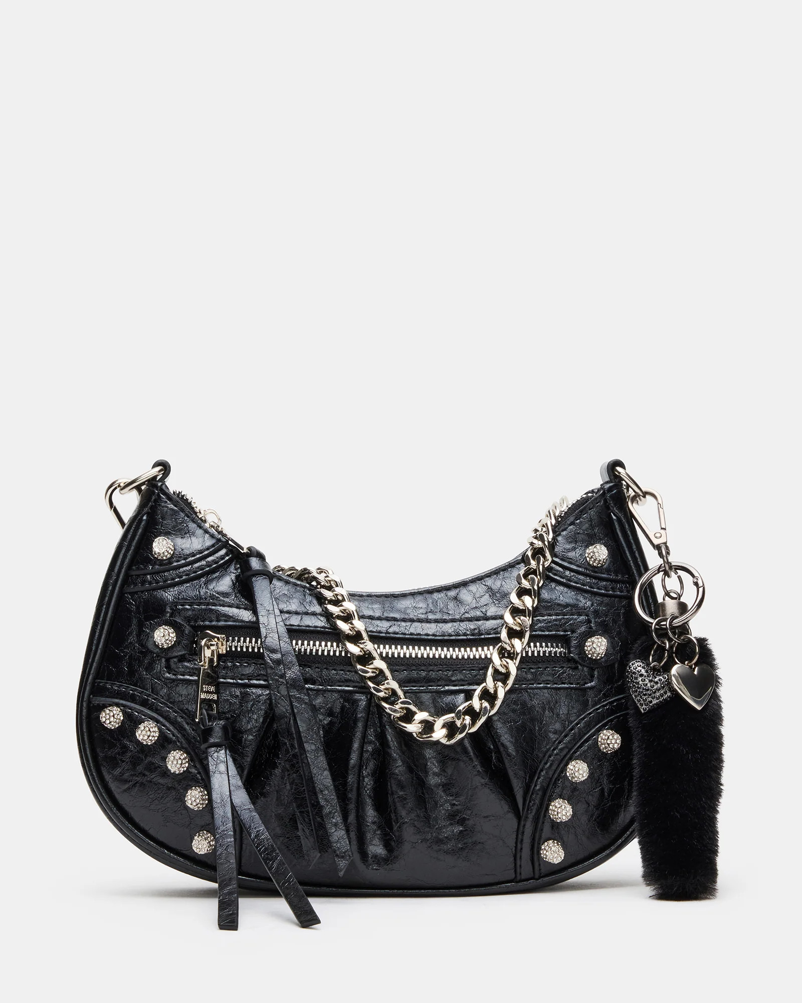 ERIKA Bag Black Rhinestone Embellished Studded Crinkle Moto Crossbody Handbag | Steve Madden (US)
