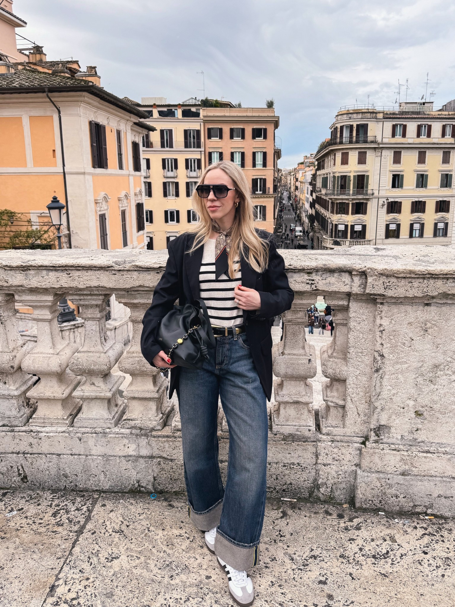 Travel outfit, spring business casual, oversized black blazer, striped top, Gucci silk scarf, @Zara cuffed baggy jeans, Adidas Samba sneakers 

#LTKOver40 #LTKTravel #LTKSeasonal