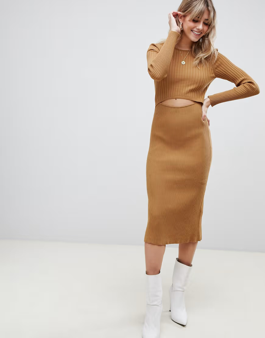 ASOS DESIGN cut out ribbed midi dress-Beige | ASOS (Global)