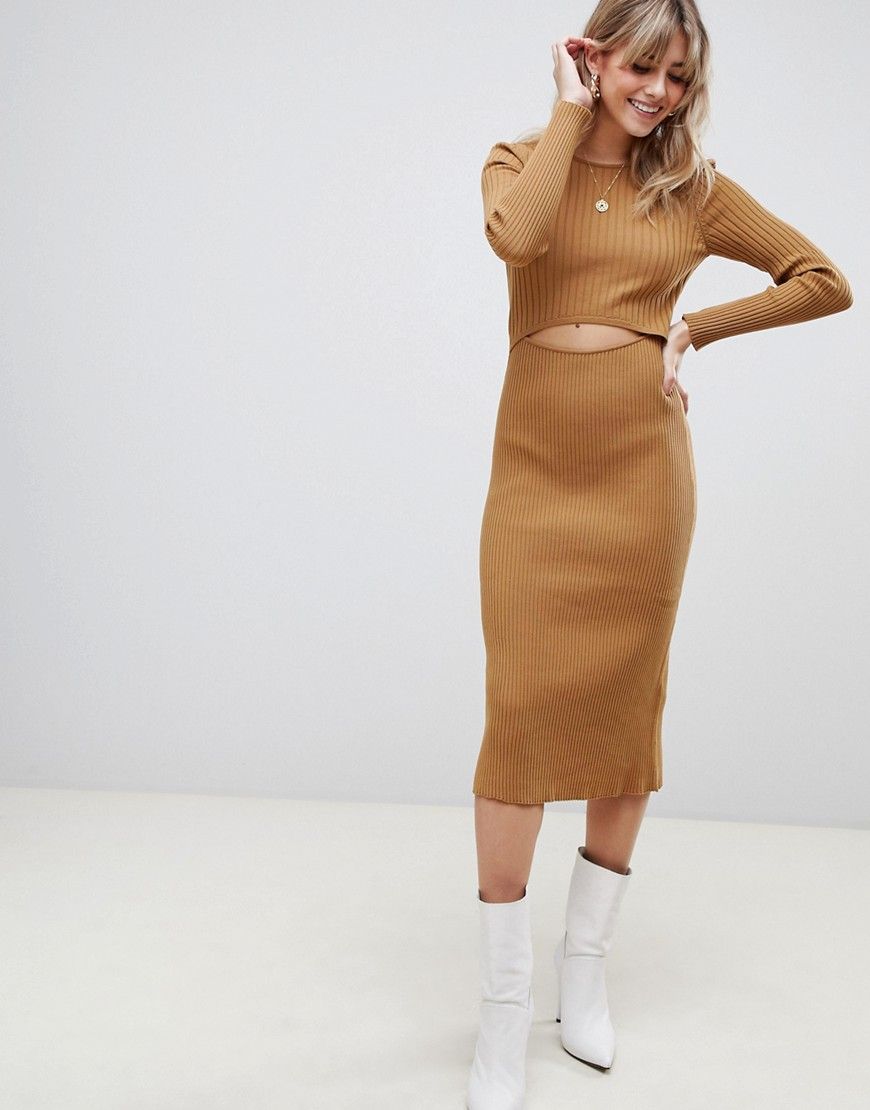 ASOS DESIGN cut out ribbed midi dress-Beige | ASOS (Global)