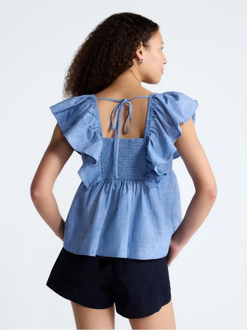 Free Assembly Women's Square Neck Cotton Top with Flutter Sleeves, Sizes XS-XXL | Walmart (US)