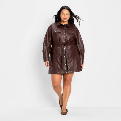 Women's Long Sleeve Faux Leather Mini Shirtdress - Future Collective Brown | Target