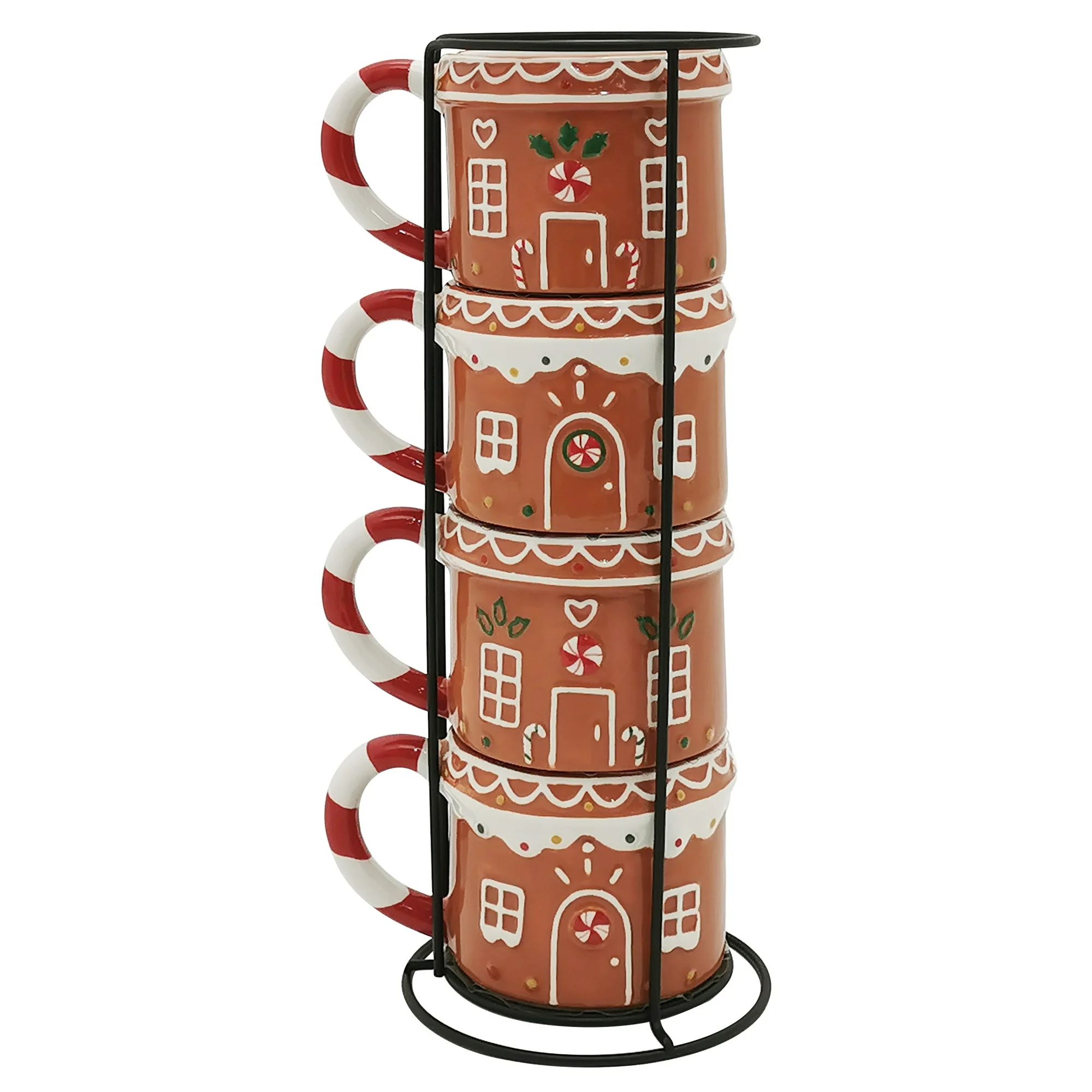 Holiday Time Gingerbread House Stackable Stoneware Mug with Metal Rack Set,  Multi Color | Walmart (US)