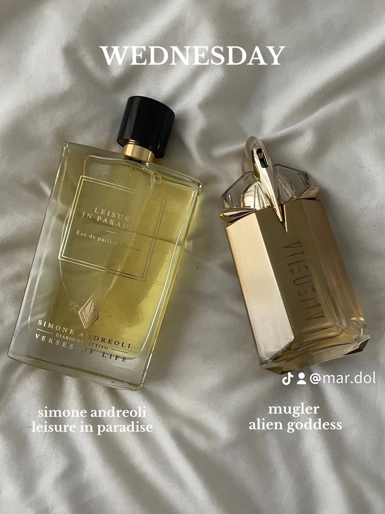 simone andreoli leisure in paradise + mugler alien goddess 

won’t let me link leisure in paradise but you can find on scent split or lucky scent! 