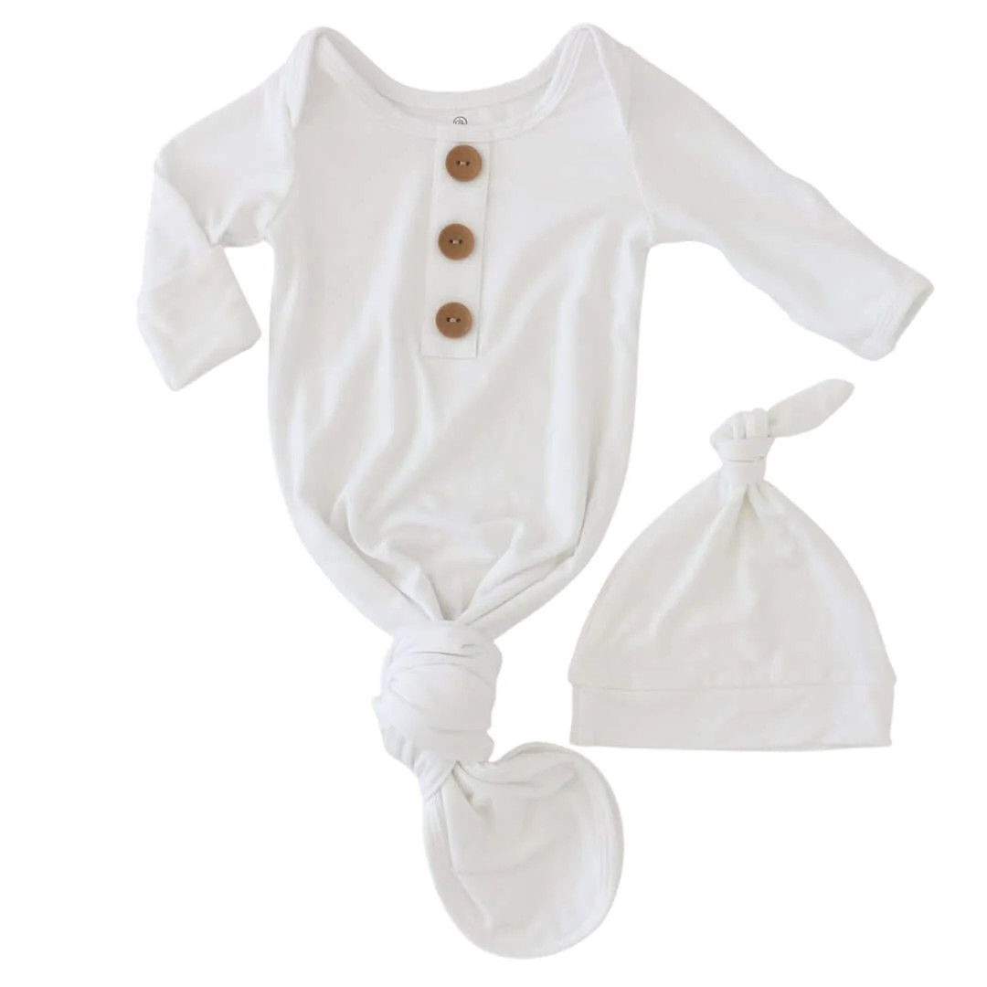Solid White Bamboo Baby Knot Gown & Hat | Caden Lane