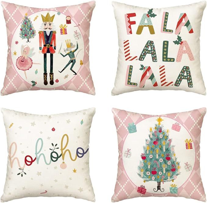 AVOIN colorlife Merry Christmas Nutcracker Pink Throw Pillow Covers, 18 x 18 Inch Winter Holiday ... | Amazon (US)