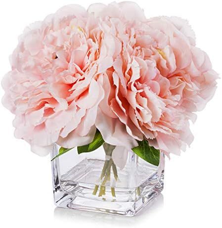 Enova Home Artificial Peony Flowers Arrangements in Cube Glass Vase with Faux Water for Home Table W | Amazon (US)