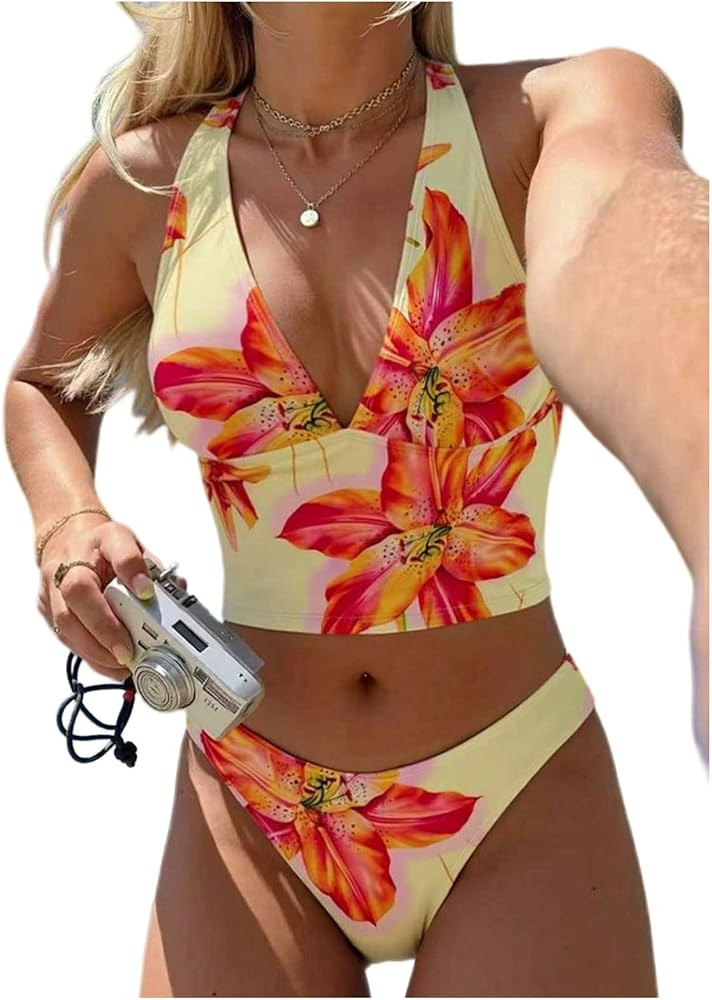 Milumia Women's 2 Piece Tankini Swimsuits Floral Print Halter V Neck Tie Back Bathing Suits | Amazon (US)
