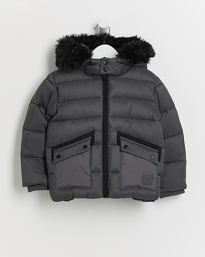Mini boys grey hooded puffer coat | River Island (UK & IE)