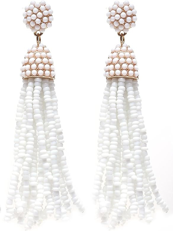 Women's Beaded tassel earrings Long Fringe Drop Earrings Dangle 6 Colors | Amazon (US)