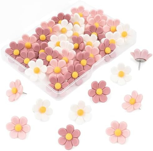 Cute Flower Push Pins, 30Pcs Aesthetic Thumb Tacks with Rust-Proof Metal Tips for Cork Bulletin B... | Amazon (US)