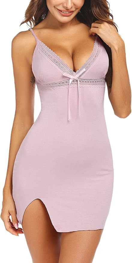 ADOME Women Slip Lingerie Lace Chemise Babydoll Nightgown V-Neck Full Slip Dress | Amazon (US)