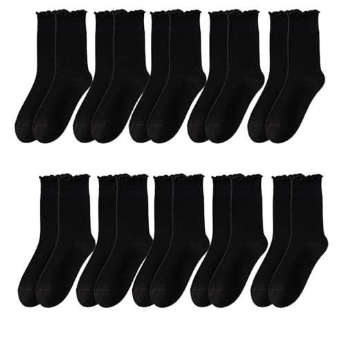 Leswohci Ruffled Socks for Women,Cute Stylish Ruffled Ankle Socks,10 Pairs Black of Cotton Soft Ruffled Crew Socks for Women | Amazon (US)