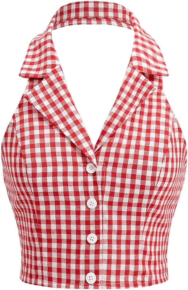 Women's Plaid Print Crop Top Button Front Halter Top Backless Cropped Halter Tank Top Slim Fit Ca... | Amazon (US)