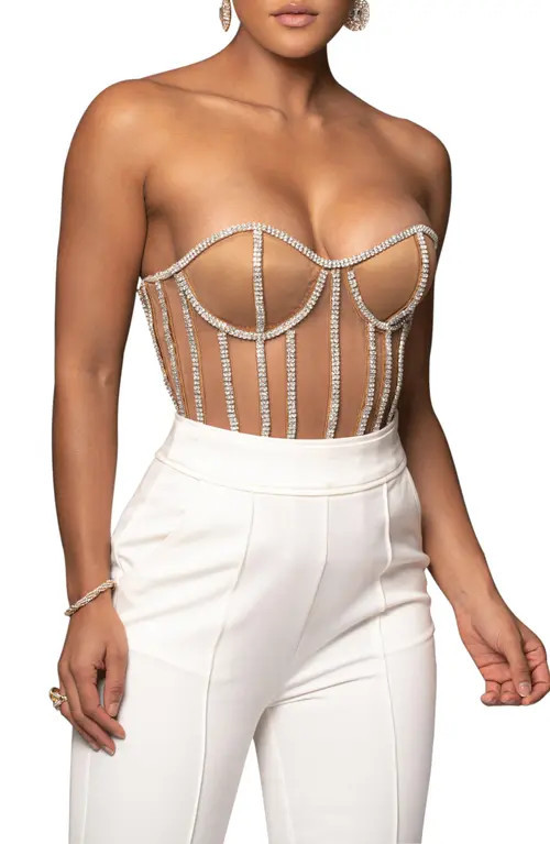 JLUXLABEL Rhinestone Corset Top in Beige at Nordstrom, Size Medium | Nordstrom
