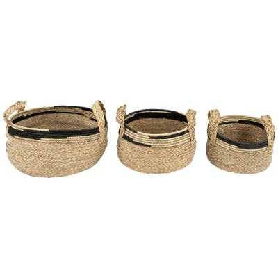 Northlight Set of 3 Khaki and Black Braid Weave Seagrass Storage Baskets with Handles 13.75" | Target