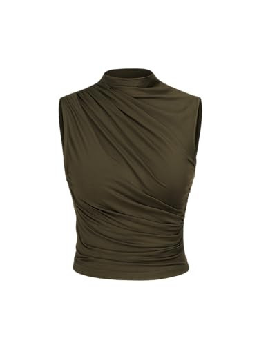 CIDER Asymmetrical High Neck Ruched Crop Top: Olive Green, XS | Amazon (US)