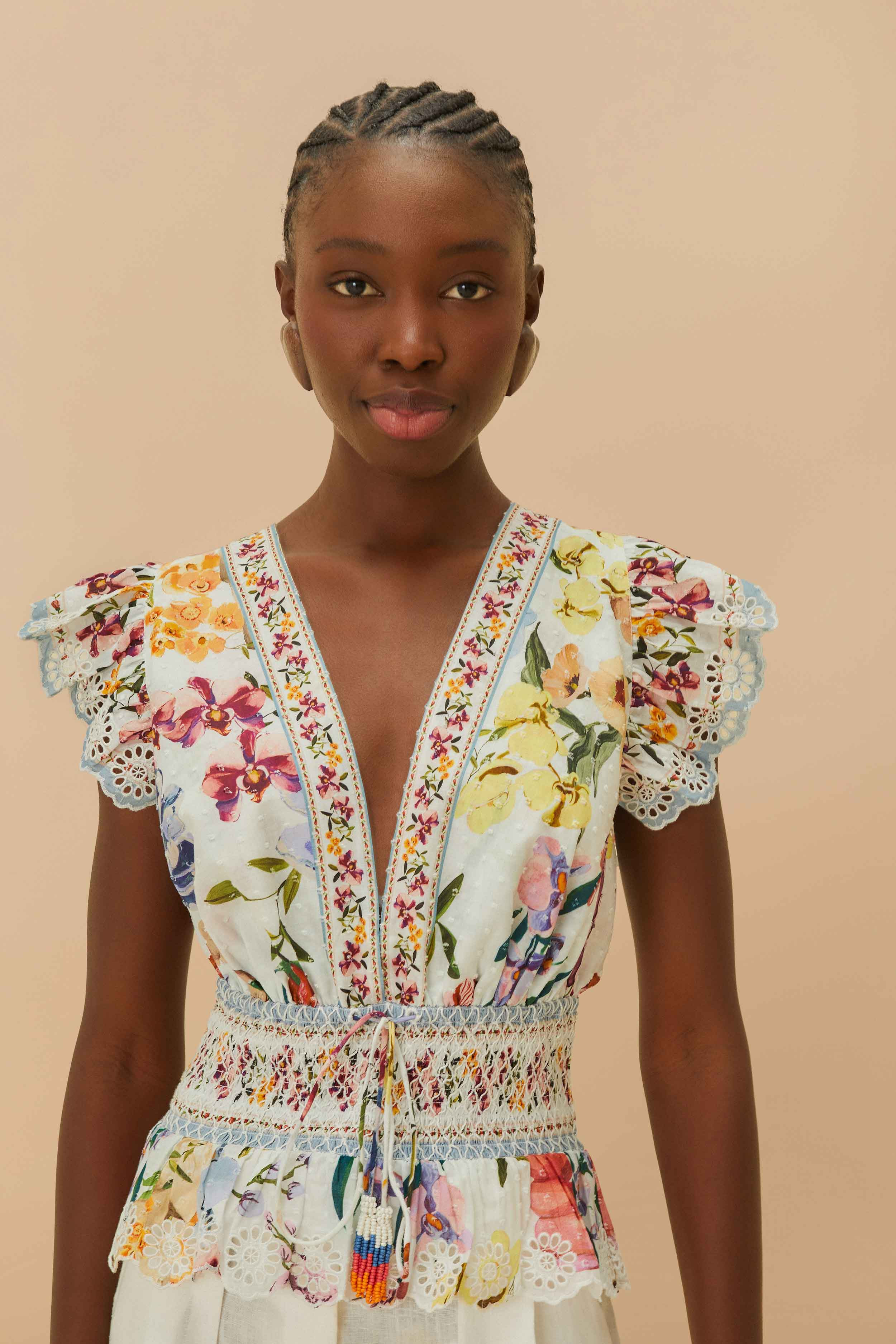 Off-White Greek Garden Smocked Blouse | Farm Rio EU