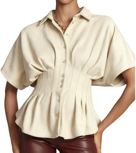 Women's Casual Faux Suede Shirt Short Sleeves Blouse Button Down Peplum Tops | Amazon (US)