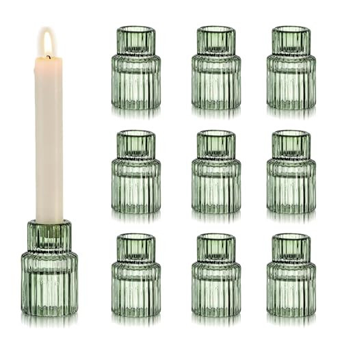 Hewory Glass Taper Candle Holders: 10 PCS Green Vintage Candle Holder Candlestick Holders Bulk, Ribbed Glass Candle Holder Candle Sticks Holder Decor for Table Centerpiece Wedding Christmas Home Decor | Amazon (US)