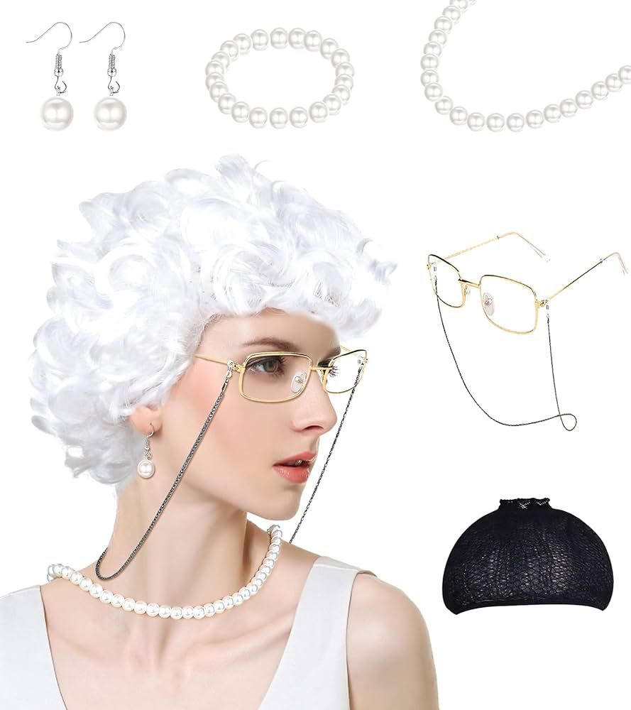 Ubjuliwa Old Lady Costume for Women, Granny Cosplay Wig Set, Granny Costume Cap Glasses, Eyeglass... | Amazon (US)