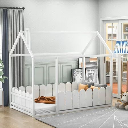 Branax Wood Bed House Bed Twin Twin Size Floor Bed Frame with Fence-Shaped Guardrail for Boys Girls  | Walmart (US)