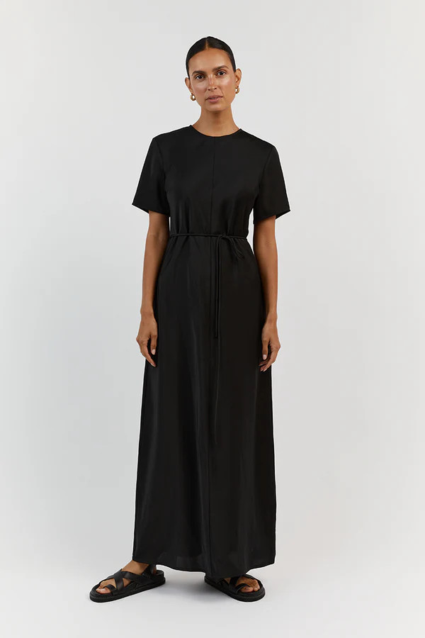 BLOOM BLACK SATIN SLEEVE MIDI DRESS | DISSH