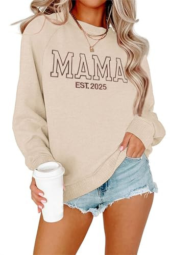 Dressmine Mama Embroidered Sweatshirt for Women Mom Life Long Sleeve Ribbed Fall Shirts Graphic Crewneck Pullover Apricot L | Amazon (US)