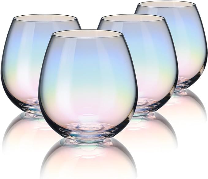CUKBLESS Stemless Wine Glasses Set of 4, Iridescent Wine Glass for Red or White Wine, 15 Ounce | Amazon (US)