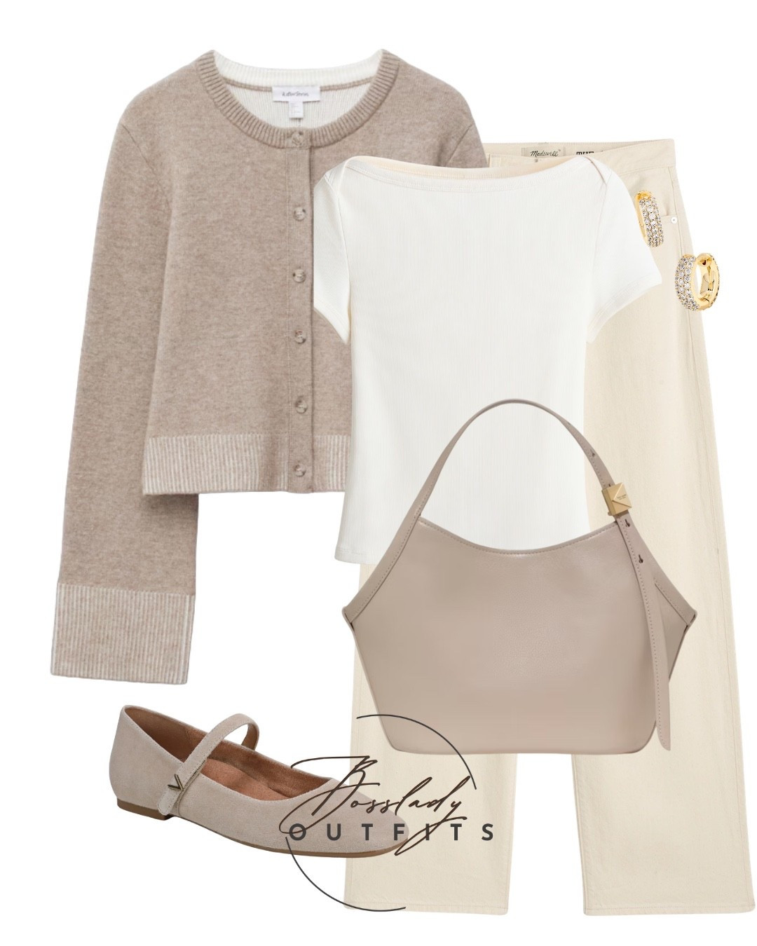 Neutral everyday outfit with a soft knit cardigan, ribbed white top, and high waisted cream trousers
Lightweight cardigan with a relaxed fit layered over a stretch ribbed tee for a clean, minimal look
Straight leg trousers in a neutral tone create a polished silhouette while staying comfortable
Easy neutral wardrobe combo that works for daily wear, office casual, travel, or errands
Paired with suede flats and a structured shoulder bag for a refined everyday style


#LTKshoes #LTKstyletip #LTKbag