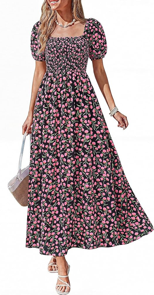 BTFBM Summer Maxi Dresses for Women Wedding Guest Spring Floral Boho Short Sleeve Smocked Beach G... | Amazon (US)