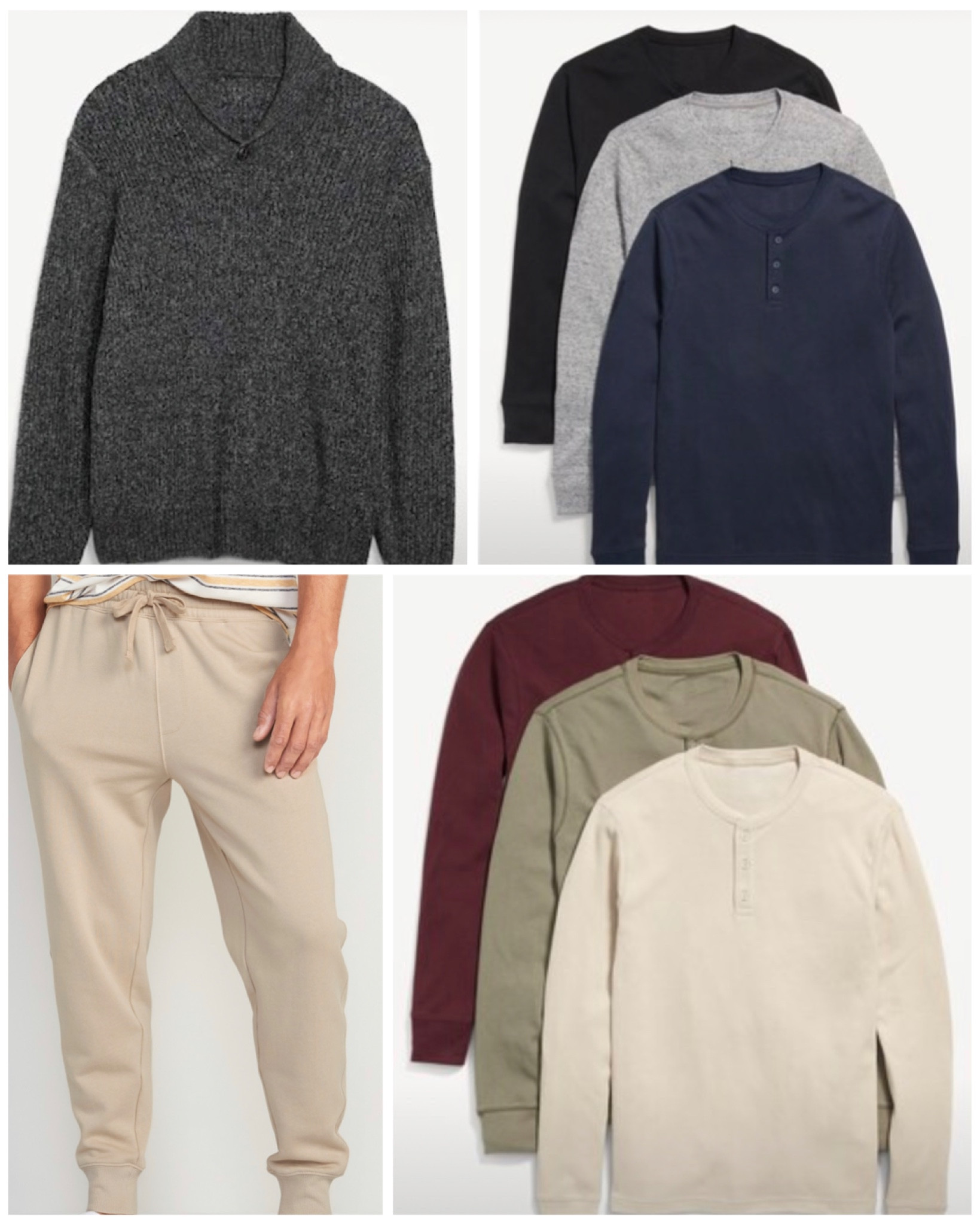 Textured-Knit Shawl-Collar Sweater for Men

Thermal-Knit Long-Sleeve Henley T-Shirt 3-Pack for Men

Loose Jogger Sweatpants for Men

#LTKsalealert #LTKcurves #LTKmens