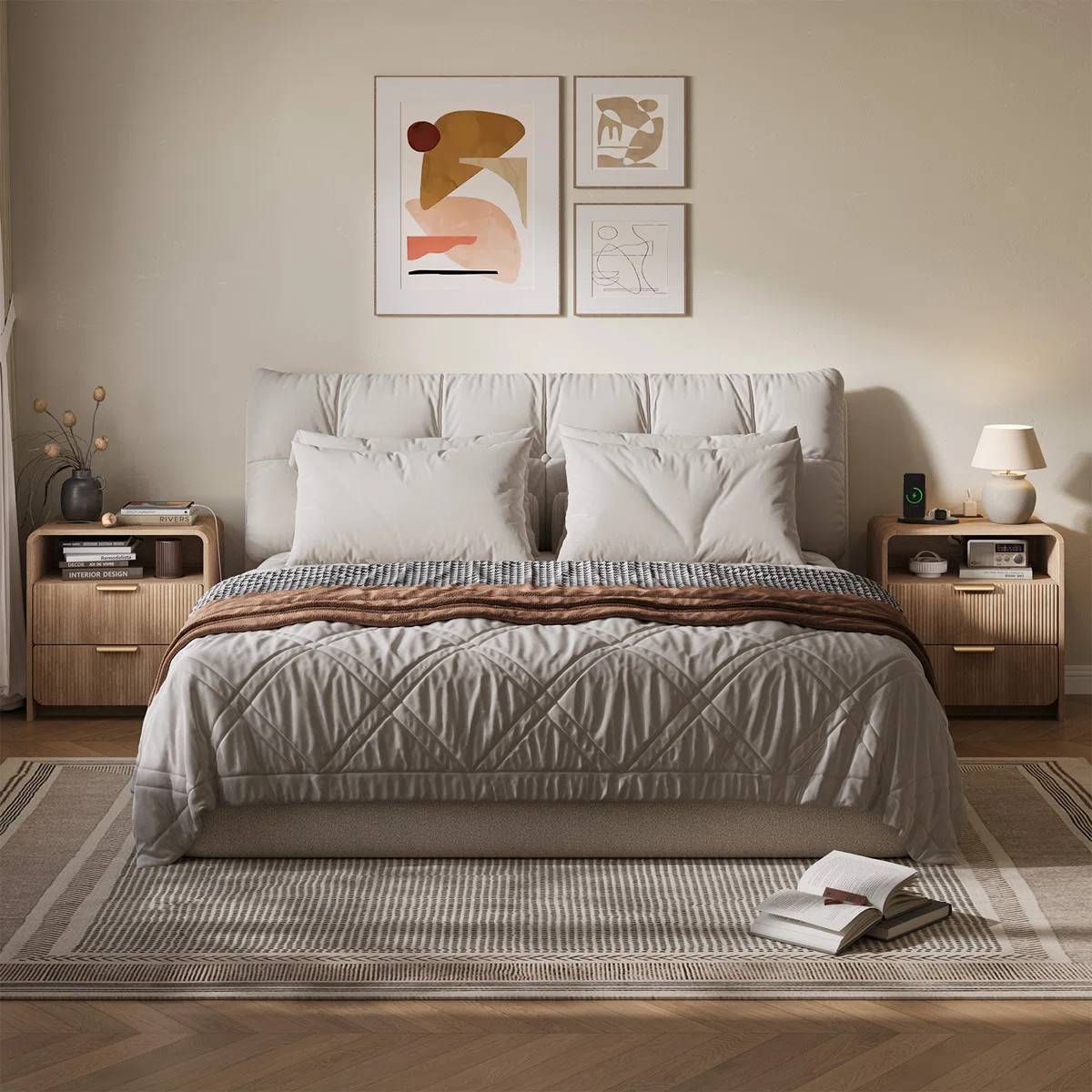 25''H 2-Drawer Nightstand With Charging Station, Modern Fluted Bedside Cabinet For Bedroom, Curve... | Wayfair North America
