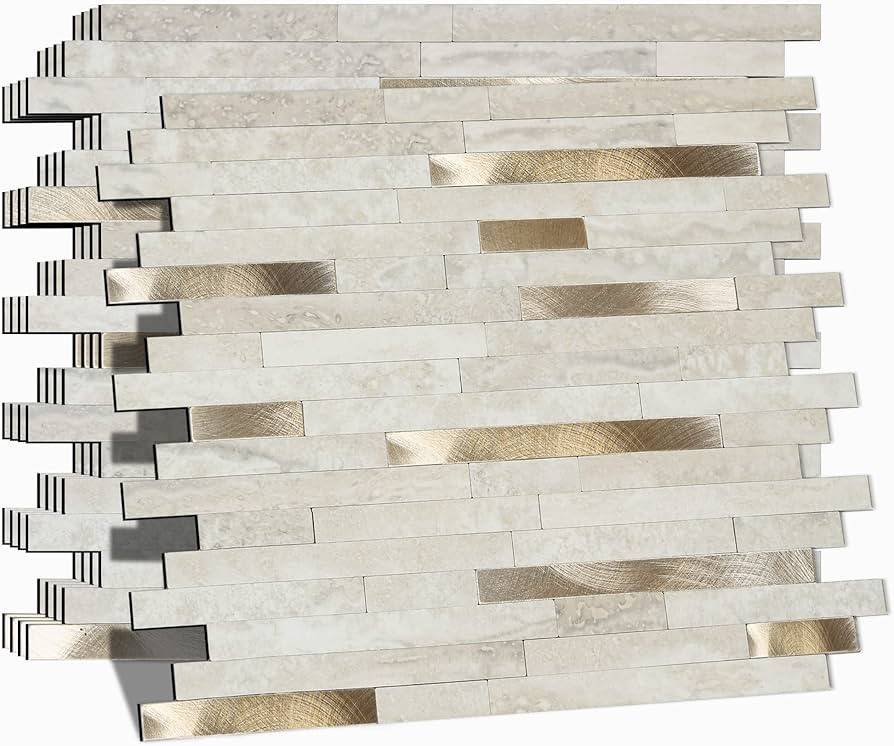 Peel and Stick Backsplash for Kitchen, Self-Adhesive Metal Gold Beige Marble Subway Tiles Decorat... | Amazon (US)